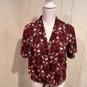 MONTEAU Button W/ Waist Tie Dog Print Blouse Short Sleeves  Size medium